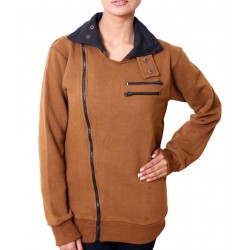 Brown High Collar Fleece Ladies Zipper Mock